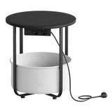 BukkitBow ronde bijzettafel met stopcontact, opbergmand en metalen frame voor moderne woonkamer decoratie