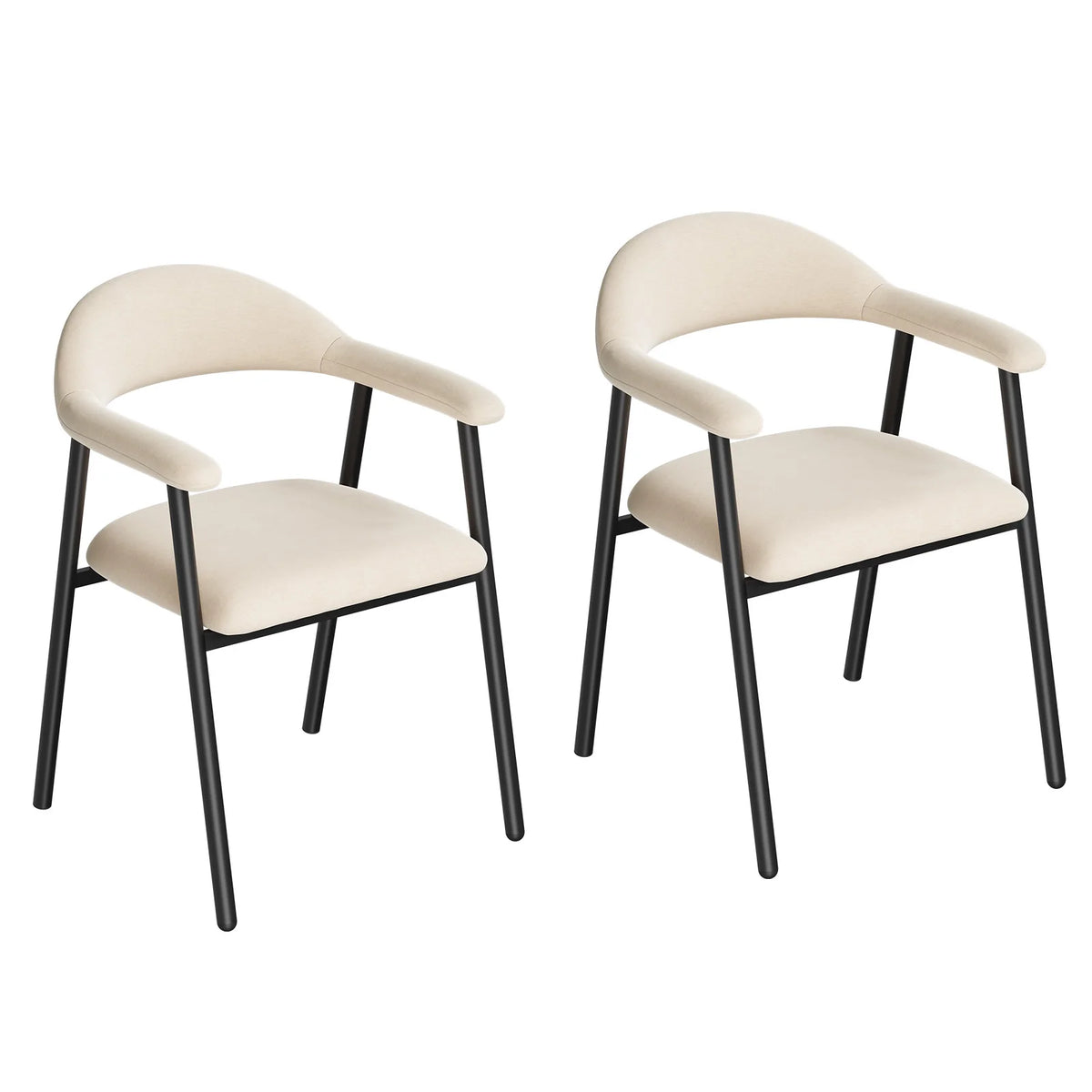 Twee beige eetkamerstoelen met gebogen armleuningen, open rug en donkere metalen poten