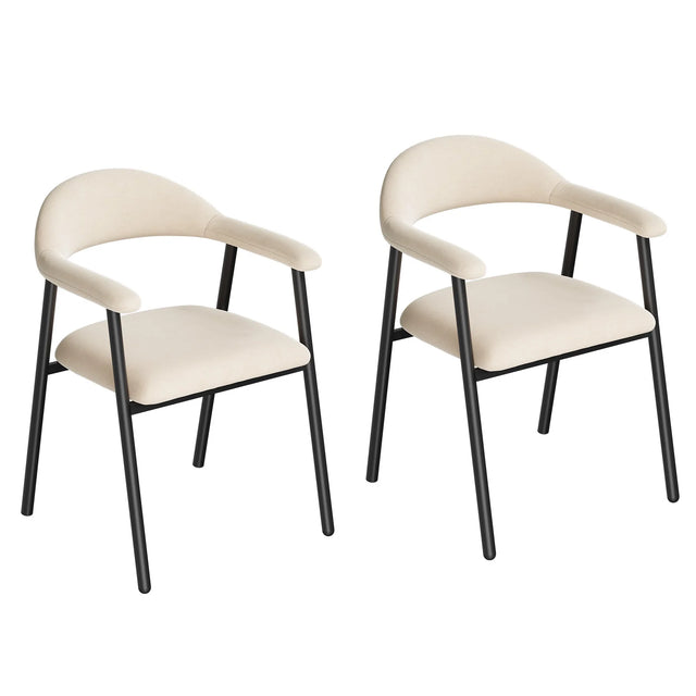 Twee beige eetkamerstoelen met gebogen armleuningen, open rug en donkere metalen poten