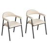 Twee beige eetkamerstoelen met gebogen armleuningen, open rug en donkere metalen poten