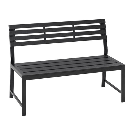 Moderne BukkitBow tuinbank met houten latten en metalen frame, geschikt voor tuin of terras, stijlvolle buitenmeubels.