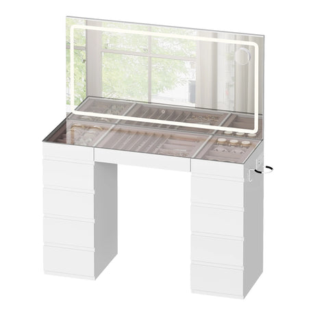 Kaptafel met LED-spiegel, 11 lades, glazen blad, stopcontact en USB, door BukkitBow, elegant en functioneel meubelstuk