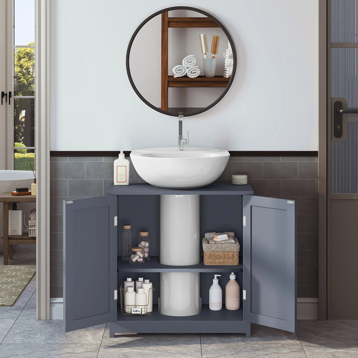WOLTU 1PC Under Sink Cabinet Unit 60x60x30cm Bathroom Storage Wooden Washbasin Floor Cupboard with 2 Doors MDF Shelves