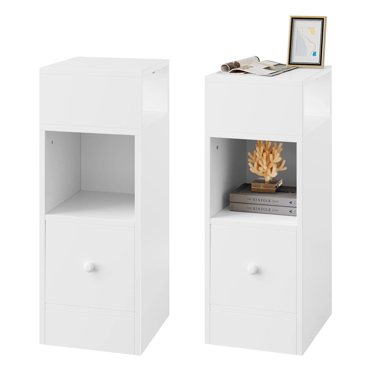EUGAD 2PCs Bedroom Bedside Table with 2Open Shelves 1Drawer 25x66x30cm Slim Small Storage Cabinet Nightstand Space-Saving Home Decor