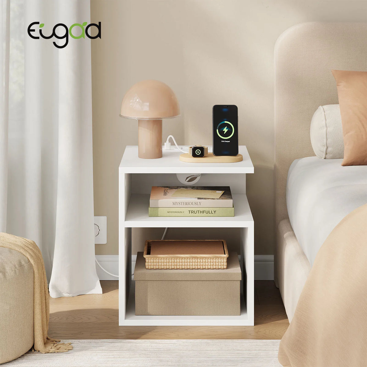 EUGAD Nightstand Bedside Table with Built-In Socket USB and Type-C Ports 2 Open Compartments for Bedroom Living Room