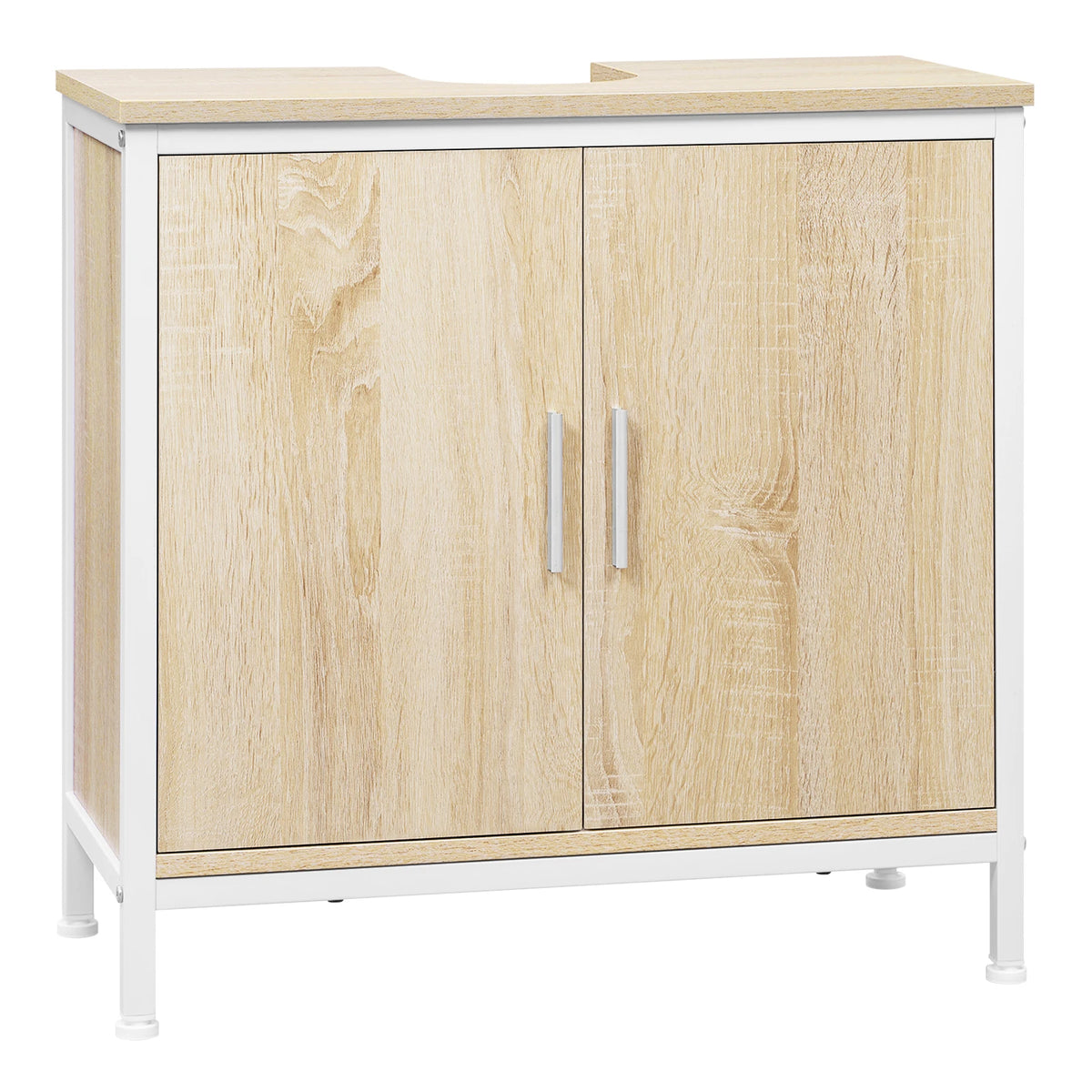 Wastafelonderkast 60 cm – 2 deuren – Wit en licht eiken – Sifonuitsparing