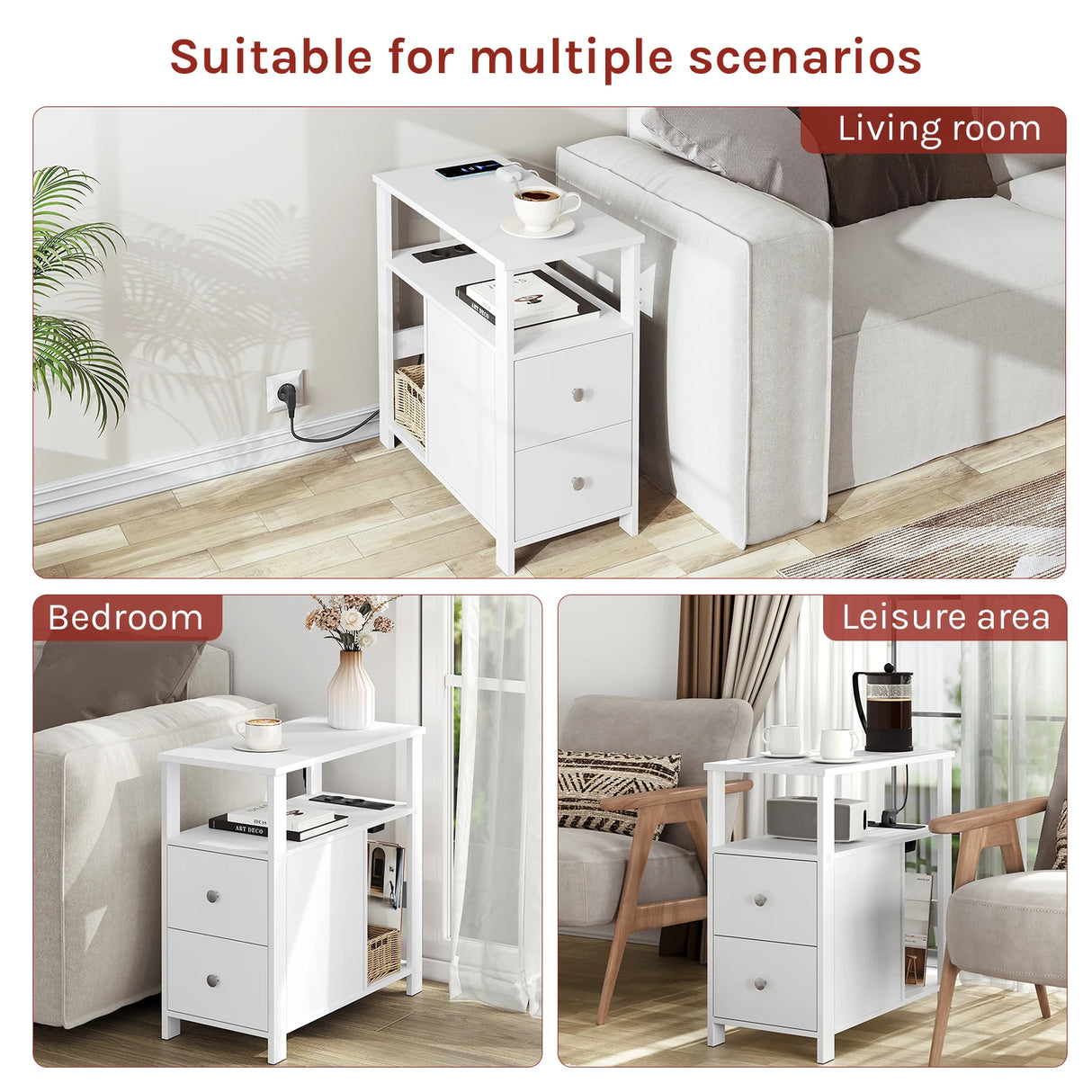 BukkitBow - Smalle Bijzettafel - Met 2Stopcontacten & 2 USB - Laden & Opbergruimte - Nachtkastje voor Woonkamer & Slaapkamer