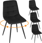 Set van vier zwarte velvet eetkamerstoelen zonder armleuningen, met draaipijl bij de voorste stoel
