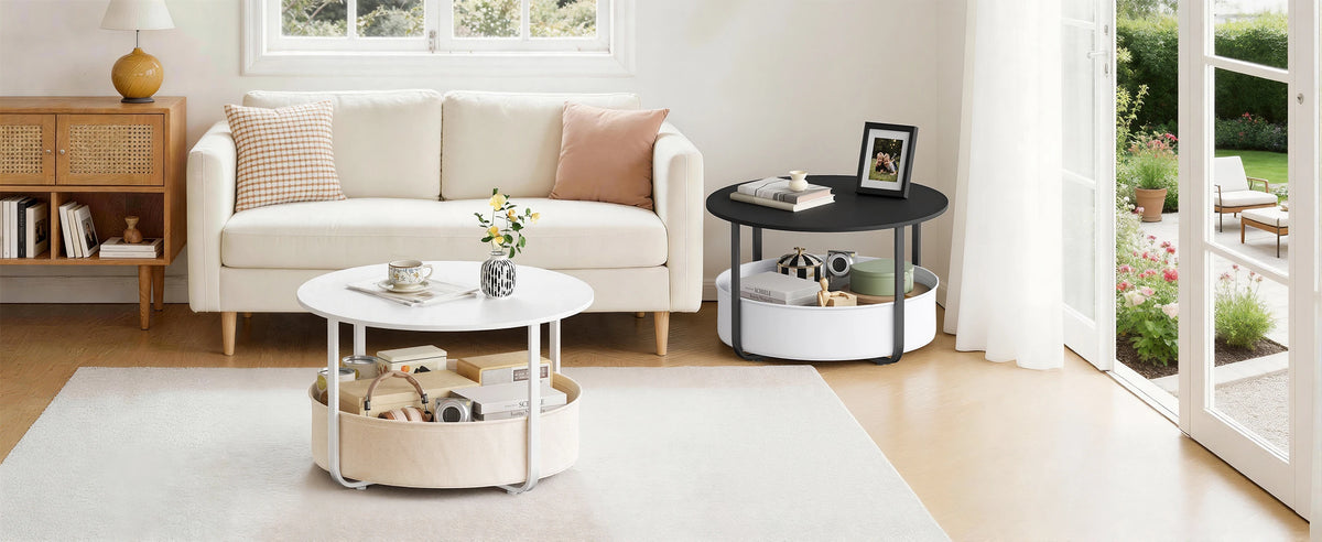 WOLTU Round Side Table Coffee Table with Storage Basket Small Side Table Metal Frame 80cm Diameter Suitable for Living Rooms Sofas Modern Style