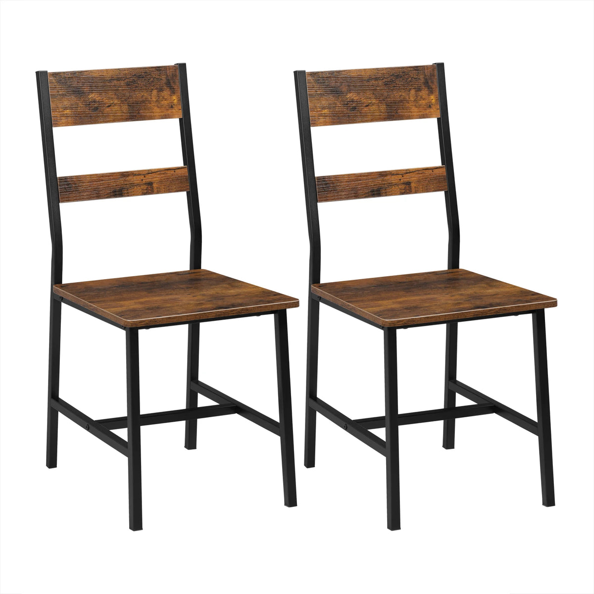 Twee industriële eetkamerstoelen in rustiek bruin met metalen frame en open rugleuning