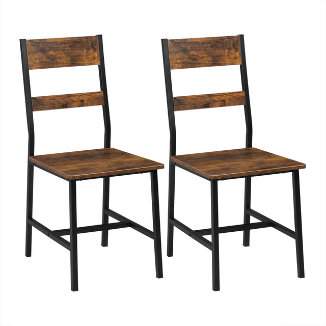 Twee industriële eetkamerstoelen in rustiek bruin met metalen frame en open rugleuning