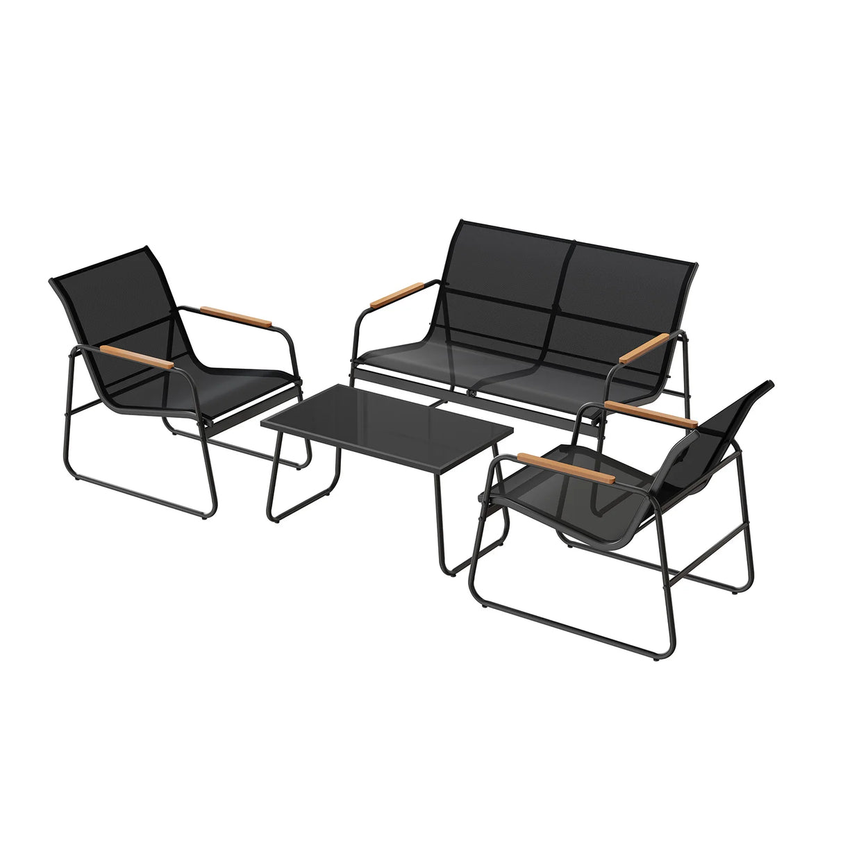 BukkitBow tuinmeubelset met bank, stoelen en glazen tafel voor buiten, in een tuin setting, gemaakt van duurzaam materiaal.