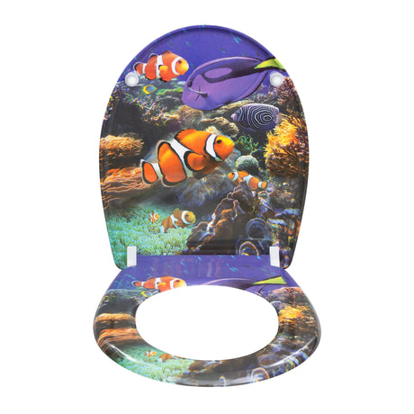 Ovale BukkitBow toiletbril met print, softclose en quick release, gemaakt van Duroplast, 37x47,5 cm, op een toilet gemonteerd