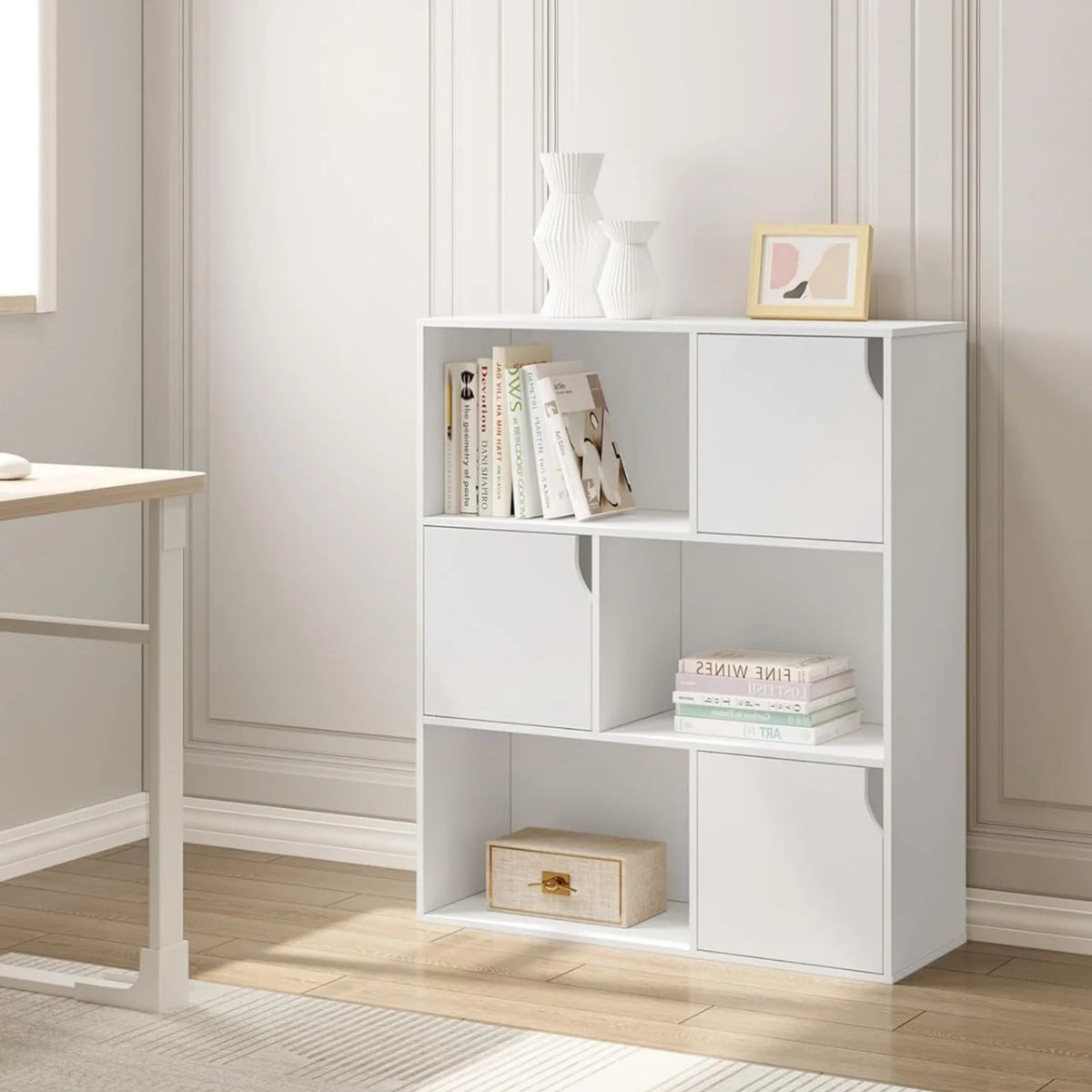White/Light Oak Bookcase Bookshelf Standing Shelf with 6 Cubes Storage Organizer for Room Divider Office Study Living Room