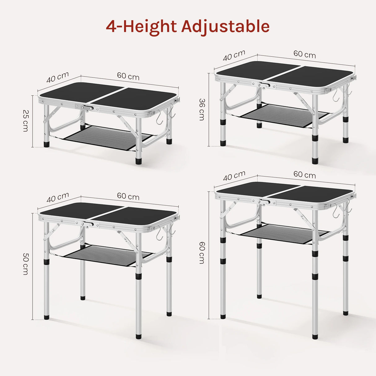 BukkitBow campingtafel met verstelbare hoogte, opvouwbaar, inclusief opbergnet en haken, geschikt voor kamperen en outdoor gebruik