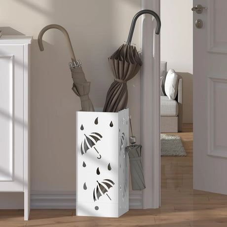Vierkante metalen paraplubak met lekbak, 20x20x49 cm, inclusief 4 haken, voor natte paraplu's en accessoires.