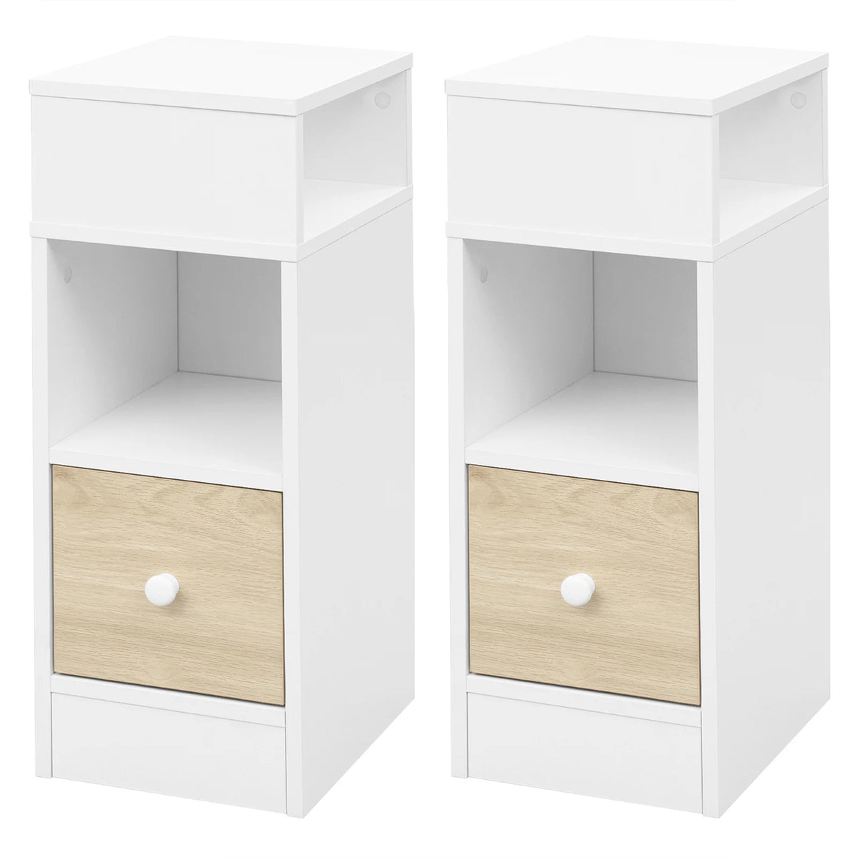 EUGAD 2PCs Bedroom Bedside Table with 2Open Shelves 1Drawer 25x66x30cm Slim Small Storage Cabinet Nightstand Space-Saving Home Decor