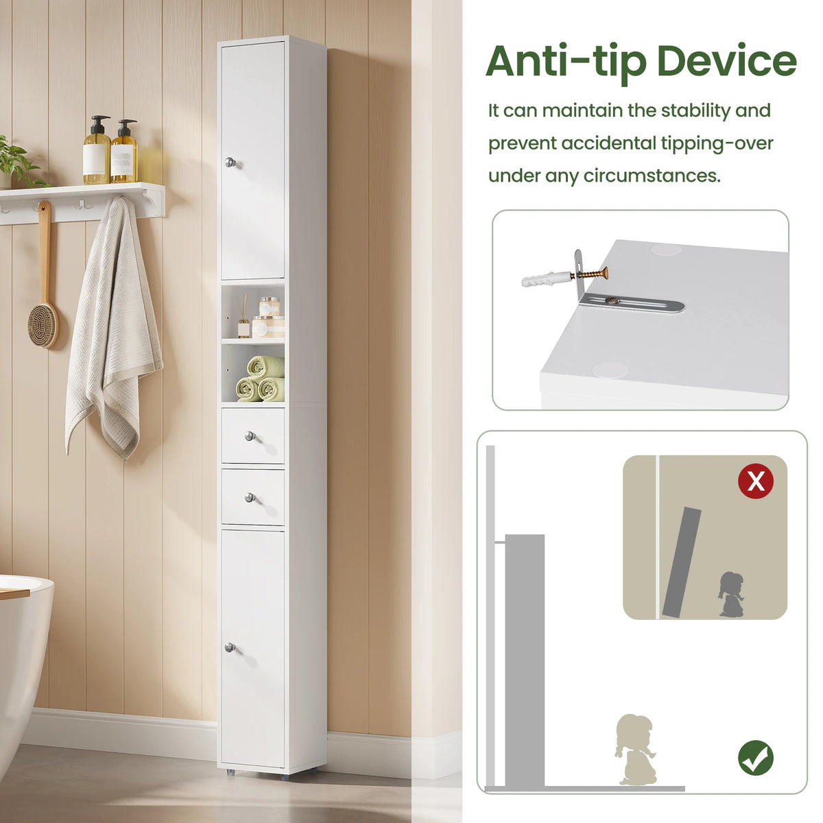 EUGAD Narrow Tall MDF Bathroom Cabinet 20x180x20cm Bath Organizer Adjustable Shelves Moisture Resistant Anti-Tilt Space Saving Storage