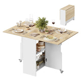 Inklapbare eettafel in wit en lichte eikenlook, uitgeklapt en gedekt, met zicht op de opbergplanken