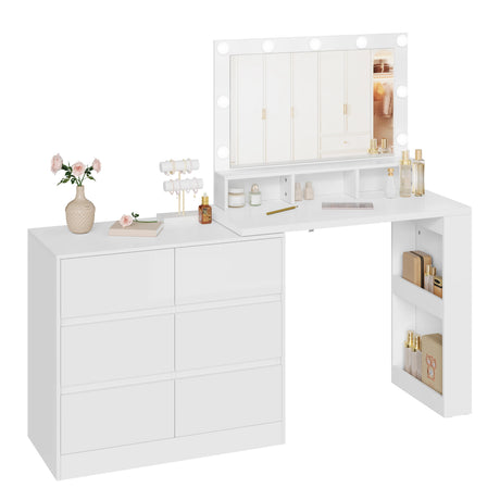 BukkitBow kaptafel met 7 laden, verstelbare LED-spiegel en flexibele hoek, ideaal voor make-up en haarstyling.