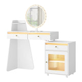 WOLTU Makeup Vanity Table with Round Mirror and LED Light Dressing Table with 3 Drawers 1 Cabinet Mountable on Left or Right for Bedroom