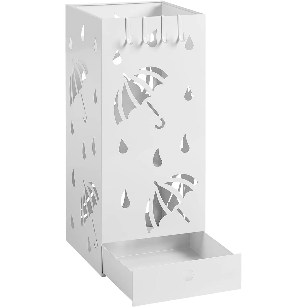 Paraplubak met lekbak – Vierkant metaal – 4 haken – 20 × 20 × 49 cm
