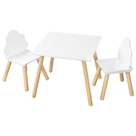 BukkitBow kindertafel met twee stoelen, wolkvormige rugleuning, rond of vierkant ontwerp, geschikt voor kinderen.
