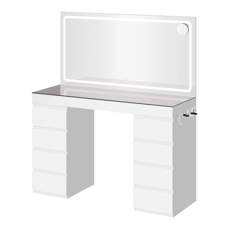 Kaptafel met LED-spiegel, 11 lades, glazen blad, stopcontact en USB-poort, van BukkitBow, elegante en praktische make-up tafel