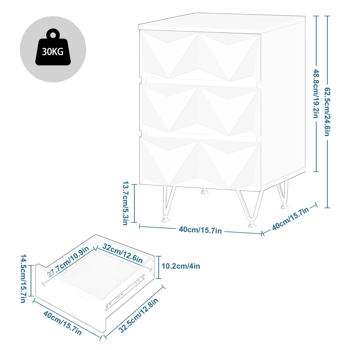 EUGAD 1PC White Bedside Table with 2/3 Drawers 3D Effect Nightstand Storage Cabinet Organizer for Bedroom Living Room Home Decor