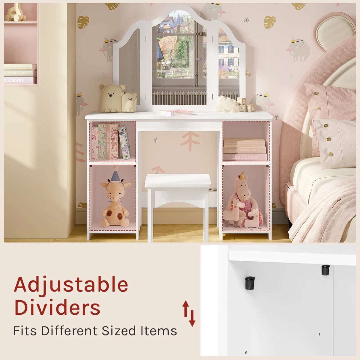 WOLTU Children's Dressing Table with Stool Mirror Wooden Small Dressing Table with Adjustable Shelves Girls Cosmetic Table White