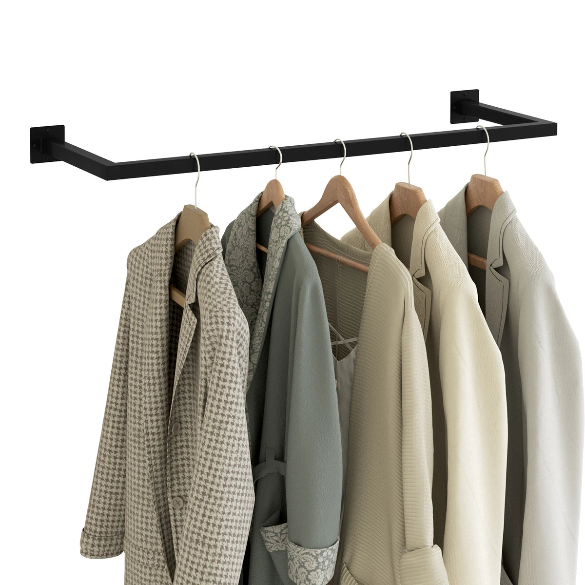 Black Rectangular Clothes Rail Wall Mounted Industrial Pipe Space Saving 50kg Load Capacity Hanging Rack for Bedroom Bathroom