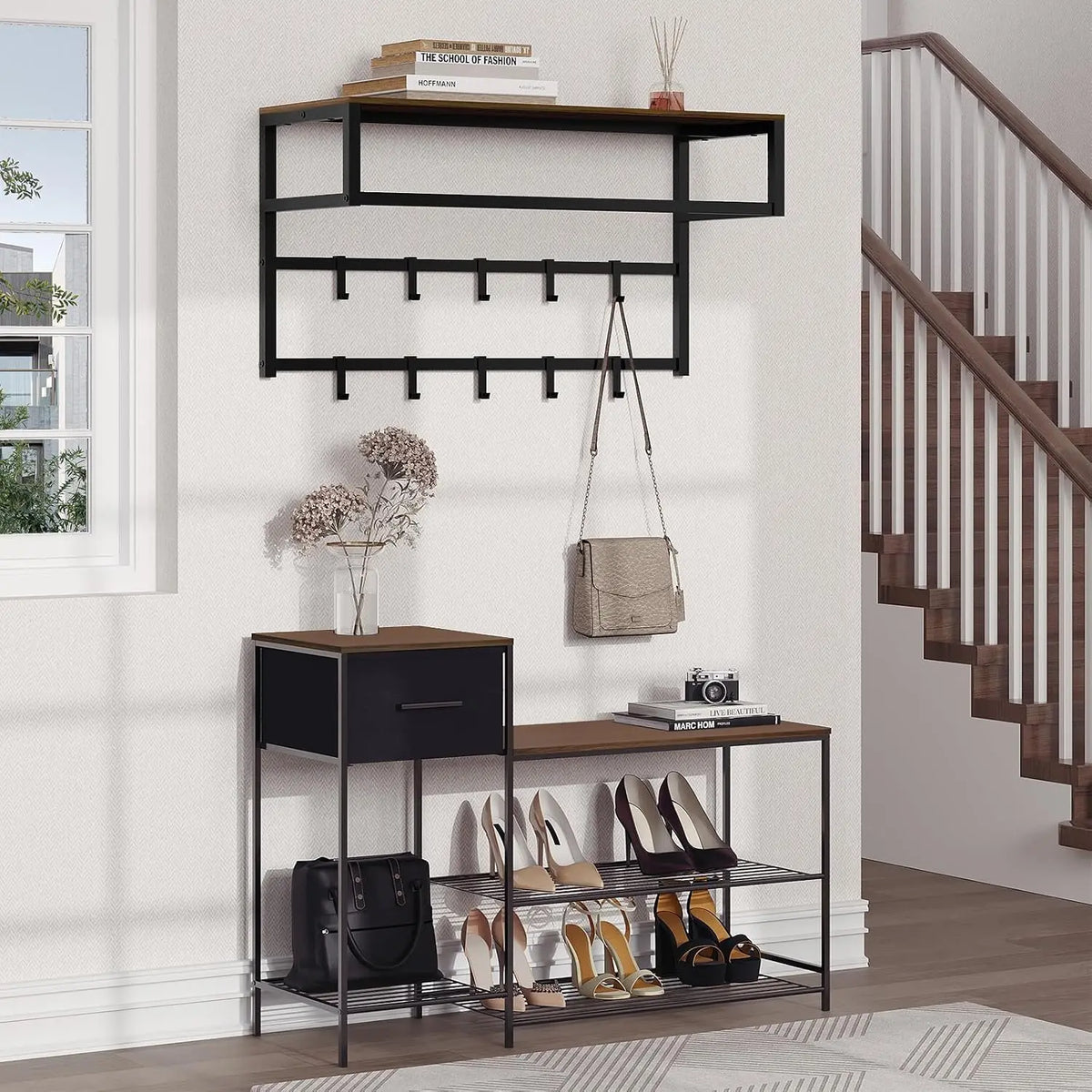 Coat Rack Wall Mounted Towel Rack with Shelf Clothes Rail with 10 Hooks for Bathroom Kitchen Home Storage Organizer 80x30x41cm