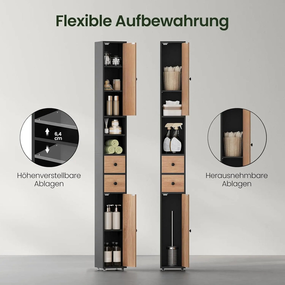 EUGAD Narrow Tall MDF Bathroom Cabinet 20x180x20cm Bath Organizer Adjustable Shelves Moisture Resistant Anti-Tilt Space Saving Storage