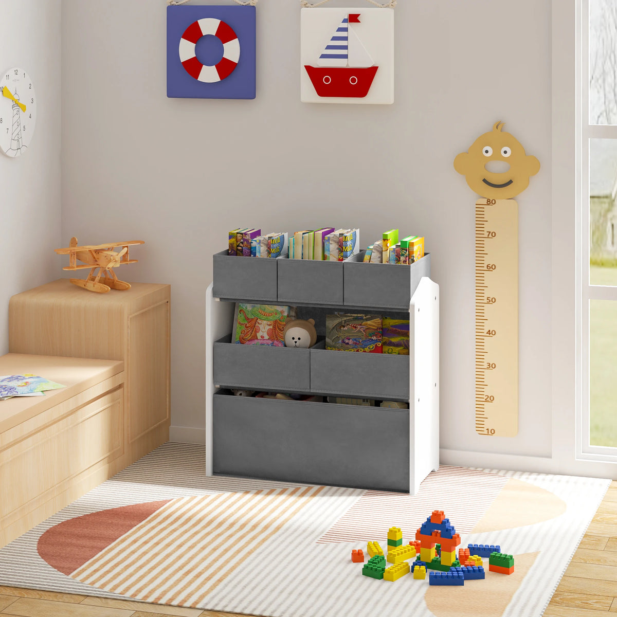 EUGAD 3 Tier Kids Room Storage Cabinet with 6 Removable Nonwoven Toy Boxes 63x30x60cm Nursery Shelf Toy Organiser for Daycare School