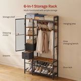 WOLTU Open Wardrobe with Shoe Rack and 2 Drawers Metal Frame Freestanding Coat Rack with Mirror 9 Hooks for Bedroom Hallway 100×30×180cm