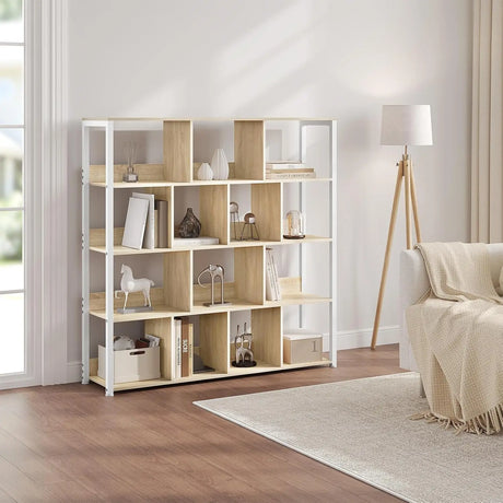 Open boekenkast van BukkitBow met 14 vakken in licht eiken, afmetingen 120x30x120 cm, geschikt voor boeken en decoratie.