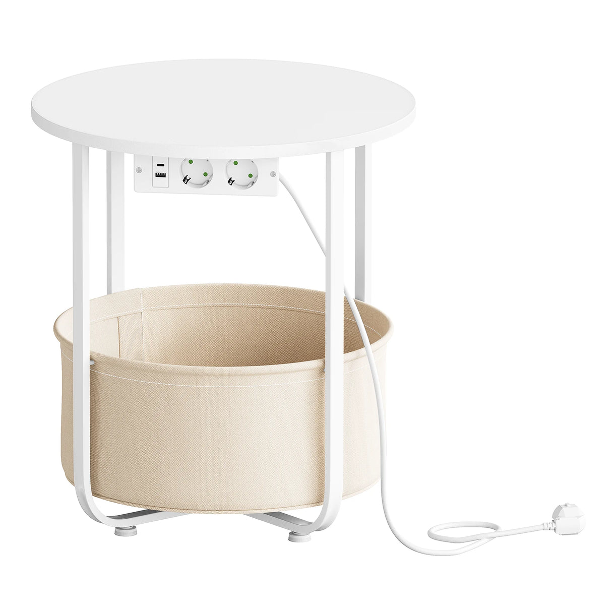 BukkitBow ronde bijzettafel met stopcontact en opbergmand, metalen frame, zwarte afwerking, stijlvolle woonaccessoire