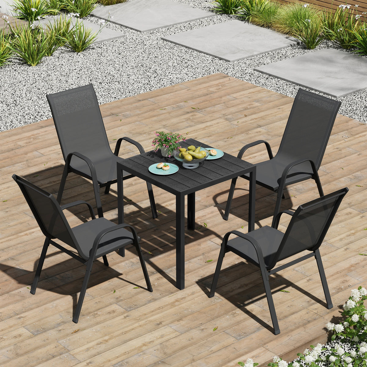 WOLTU 2/4PCS Garden Chairs Dark Grey Stackable Seating Set Outdoor Armchairs with Armrests Backrest for Garden Patio Balcony