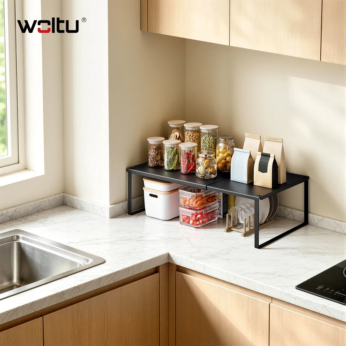 WOLTU Extendable Shelves Kitchenware Storage Rack Metal Spice Organizer Adjusts from 30-45cm for Worktop Kitchen Household Home