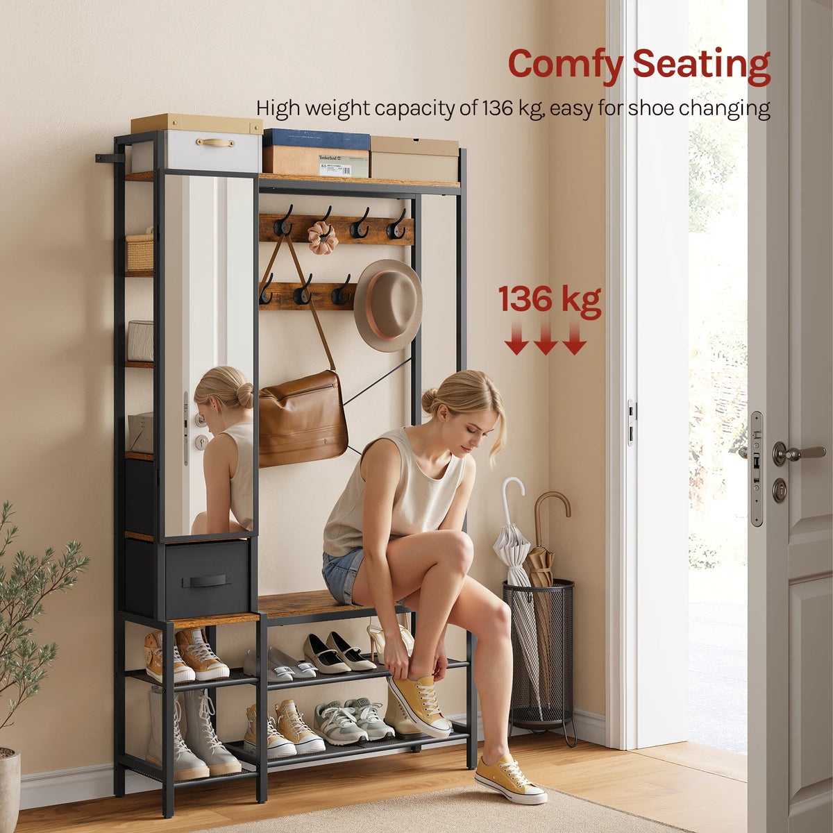 WOLTU Open Wardrobe with Shoe Rack and 2 Drawers Metal Frame Freestanding Coat Rack with Mirror 9 Hooks for Bedroom Hallway 100×30×180cm