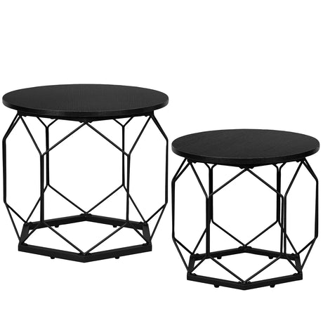 Set van twee ronde salontafels van BukkitBow met opbergruimte, diameters 50 en 40 cm, in een moderne woonkamer.