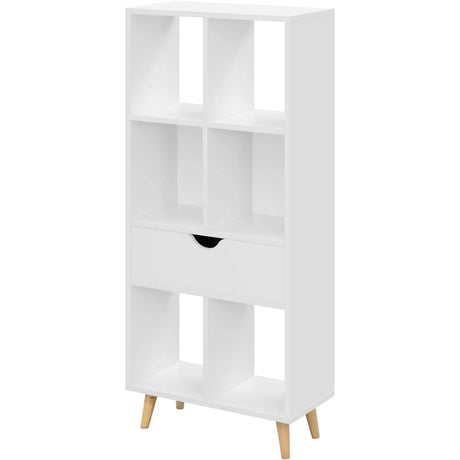 Witte BukkitBow boekenkast met 6 open vakken en lade, afmetingen 50x24x121 cm, modern en functioneel meubelstuk