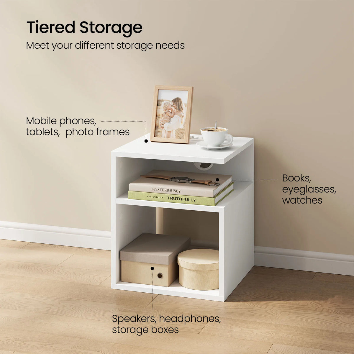 EUGAD Nightstand Bedside Table with Built-In Socket USB and Type-C Ports 2 Open Compartments for Bedroom Living Room