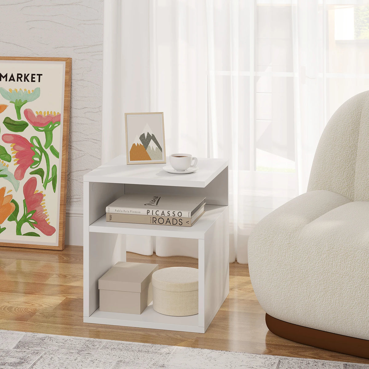 EUGAD 2PCS/SET White Bedside Tables Nightstand with 2 Open Compartments Space-Saving for Bedroom Living Room