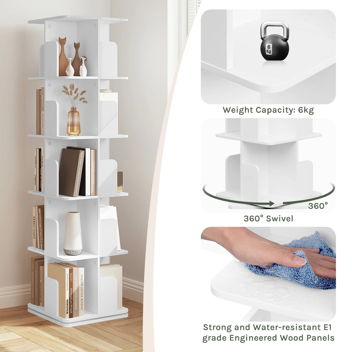 EUGAD 5 Tier 360 Rotating Bookshelf Corner Display Shelf Standing Bookcase Space Saving for Living Room Bedroom