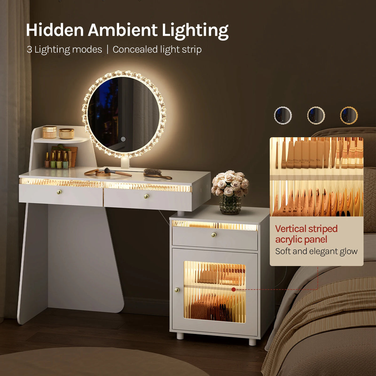 WOLTU Makeup Vanity Table with Round Mirror and LED Light Dressing Table with 3 Drawers 1 Cabinet Mountable on Left or Right for Bedroom