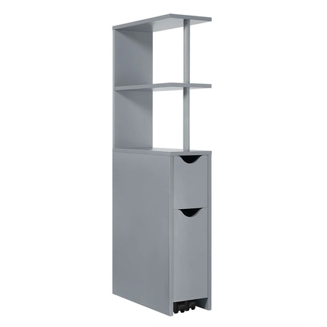 Smalle badkamerkast van BukkitBow, 19 cm breed met lade op wielen, in wit of grijs, geschikt voor kleine badkamers.