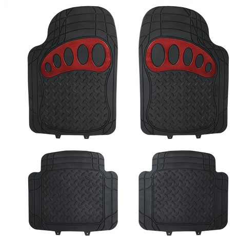 Set van 4 zwarte-rode rubberen automatten van BukkitBow, universeel geschikt voor auto interieur.