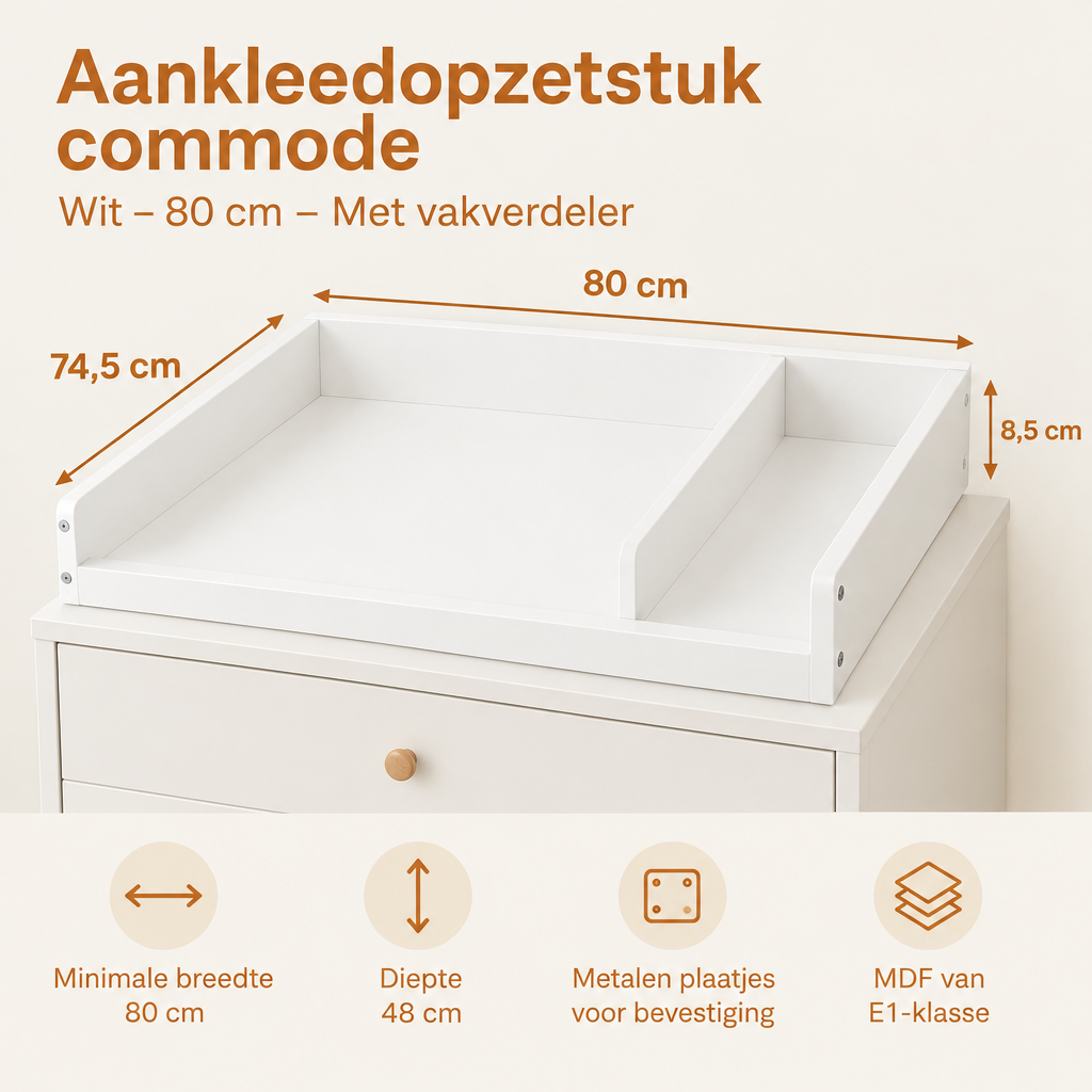 Afmetingen en productspecificaties van aankleedopzetstuk commode