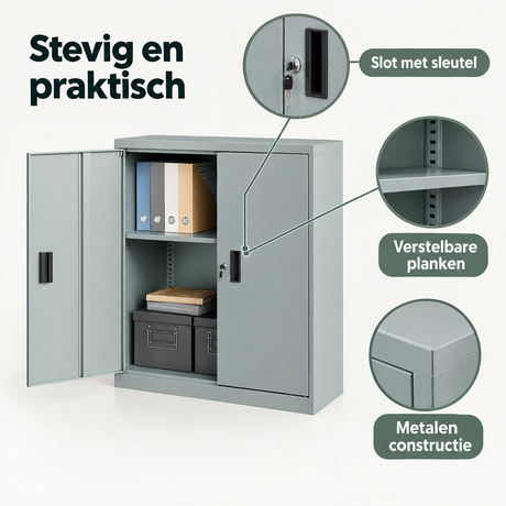 Detail van materiaal en afwerking van afsluitbare metalen archiefkast